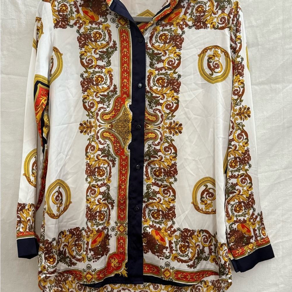 Vtg Korean Grandmother Grannycore Silk Look baroque Scarf print Museum Chic Top